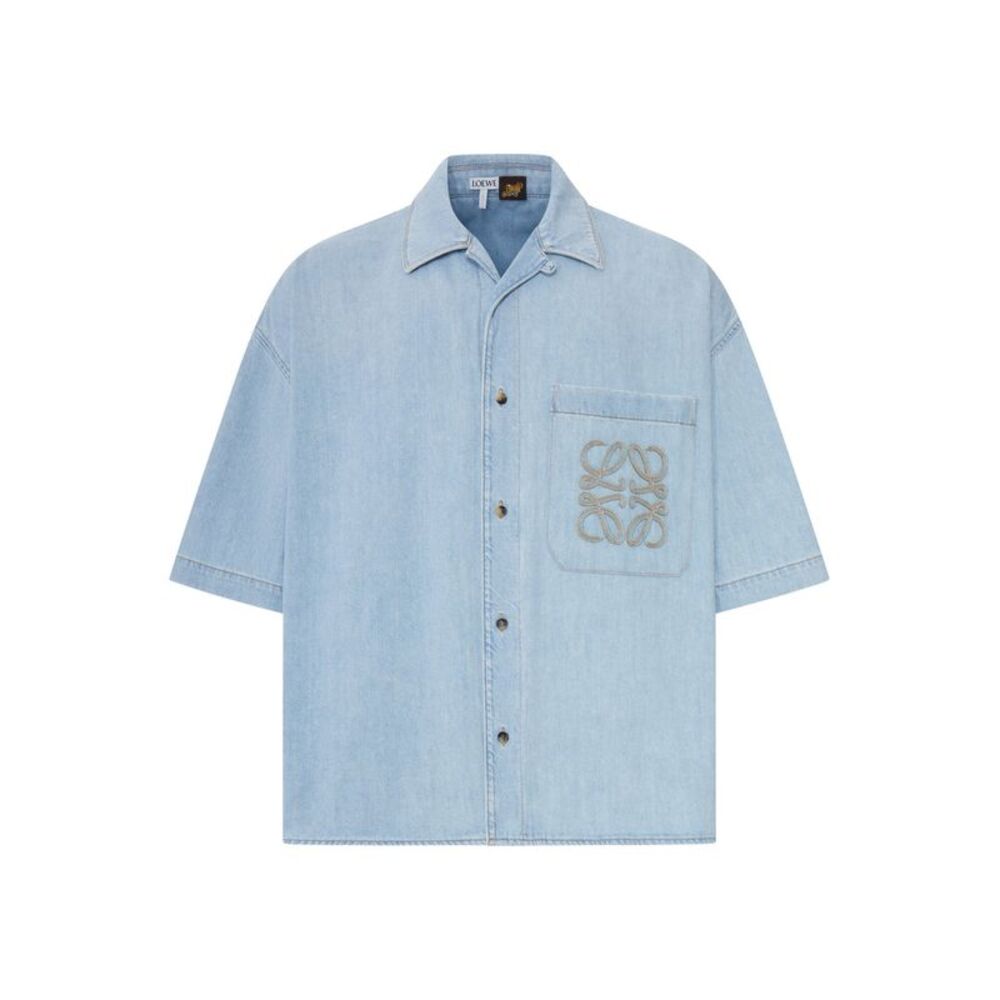 Loewe X Paula`S Ibiza Men Short-Sleeved Denim Shirt With Anagram Embroidery